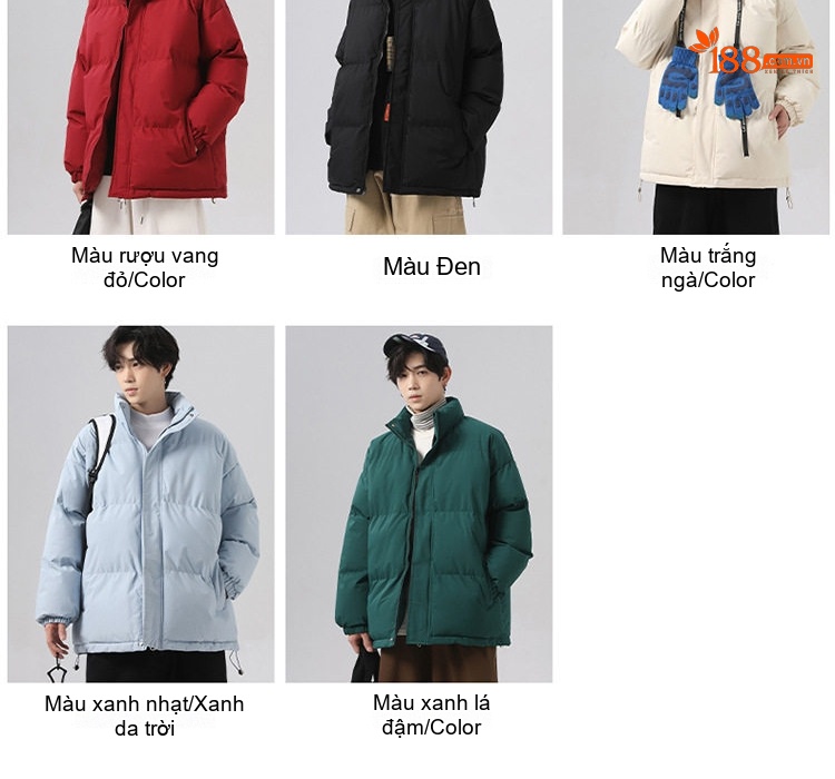 Áo Khoác Cotton Nam Nữ Dáng Rộng Cổ Trụ Chống Thấm Nước Mùa Đông Màu Xám Đậm, Tím, Đỏ, Xanh Lá... chi tiết 11