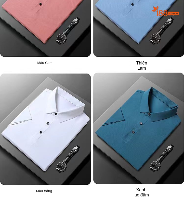 Áo Polo Nam Lụa Tằm Cao Cấp Form Rộng Chống Nhăn Màu Đỏ Cam, Trắng, Xanh Da Trời, Xanh... chi tiết 10