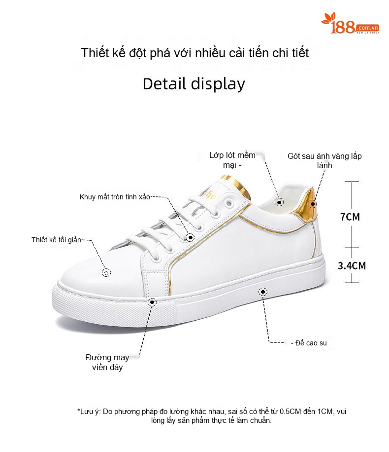 Giày Sneaker Nam Da Bóng Chiều Cao Đế Khoảng 3cm Màu Trắng, Đen chi tiết 2