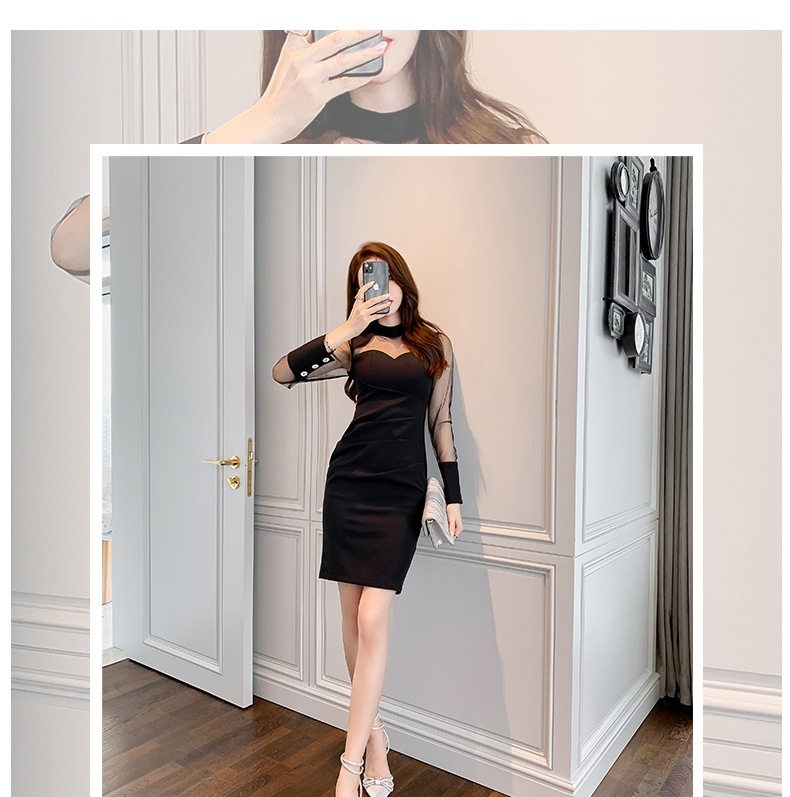 Váy Ôm Body Nữ Dài Tay Lưới Gợi Cảm Màu Đen chi tiết 1