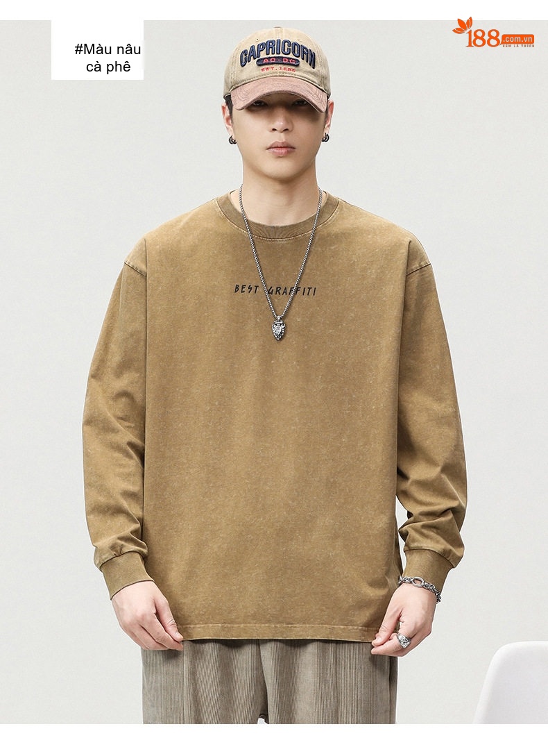 Áo Thun Tay Dài Nam Cotton Form Rộng Cổ Tròn Phong Cách Retro Màu Nâu, Xám chi tiết 12