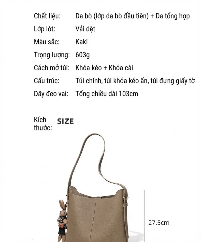 Túi Đeo Vai Nữ Da Thật Dáng Bucket Lớn Cao Cấp Màu Nâu chi tiết 2