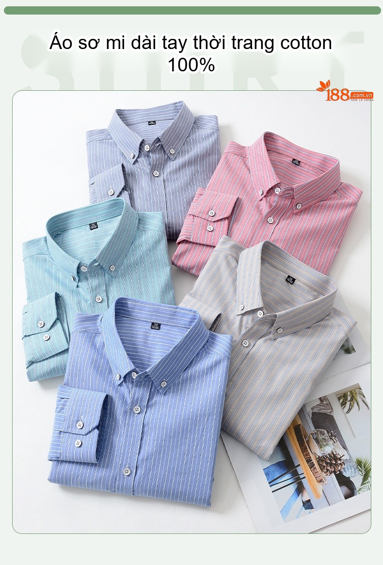Áo Sơ Mi Dài Tay Nam Cotton Kẻ Sọc Kiểu Dáng Ôm Vừa Màu Xanh, Hồng, Xám chi tiết 1