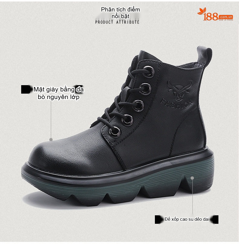 Boot Nữ Da Bò Cổ Cao Phong Cách Anh Quốc Chiều Cao Đế Khoảng 5cm Màu Nâu, Đen chi tiết 3