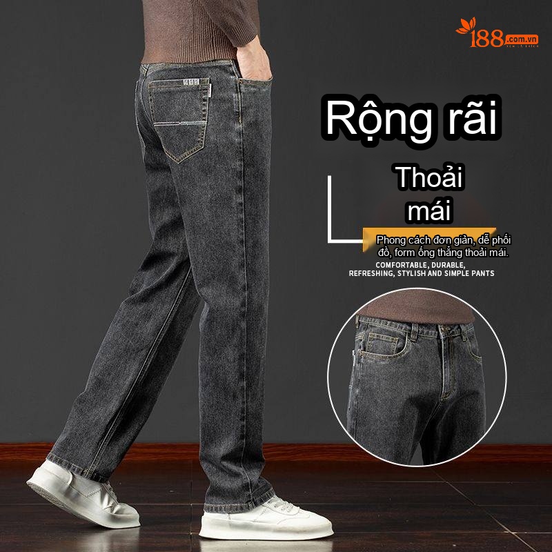 Quần Jeans Nam Ống Đứng Lưng Cao Dáng Rộng Thoải Mái Màu Xanh, Xám