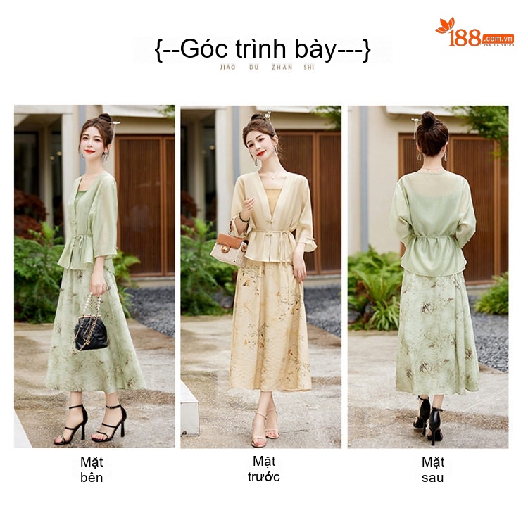 Set Áo Khoác Lửng Quần Áo Nữ In Hoa Phong Cách Trung Hoa Thanh Lịch Màu Be, Xanh chi tiết 6