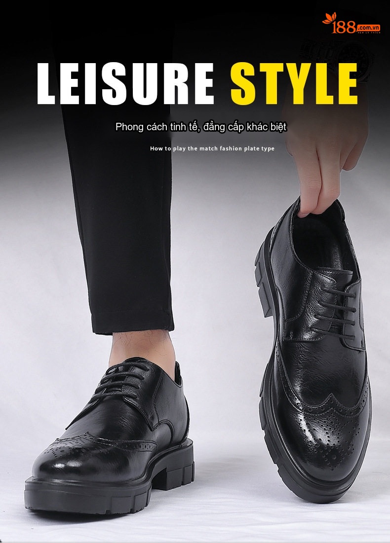 Giày Tây Brogue Tăng Chiều Cao Nam Da Bò Chiều Cao Đế 8cm Màu Đen chi tiết 1