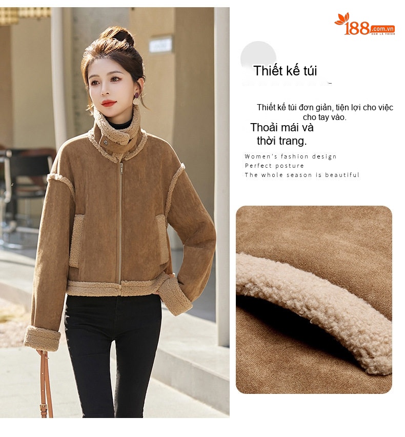 Áo Khoác Lông Cừu Non Lót Nhung Dáng Ngắn Màu Nâu chi tiết 8