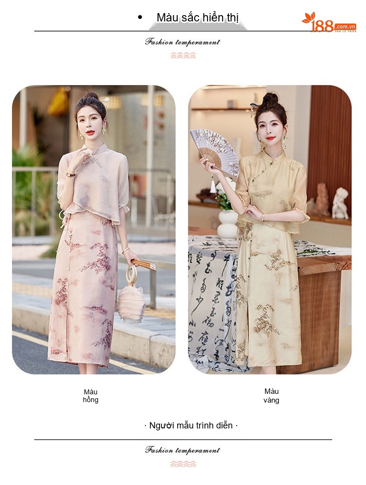 Set Áo Kiểu Cổ Tàu Tay Lỡ và Chân Váy Dài Xẻ Tà Họa Tiết Phong Cách Trung Hoa Màu Kem chi tiết 7