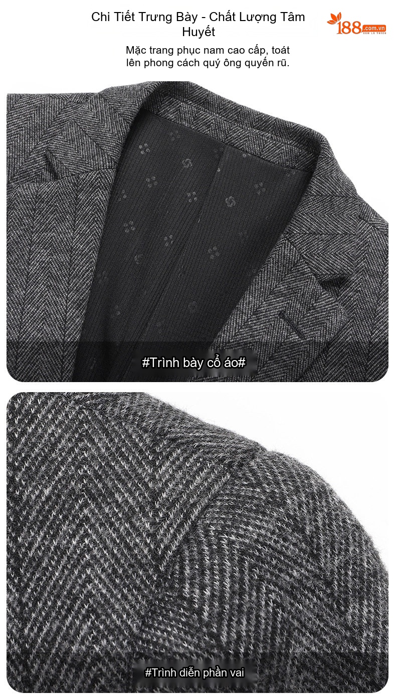 Áo Vest Nam Wool Lông Cừu Họa Tiết Xương Cá Dáng Ôm Chống Nhăn Màu Xám chi tiết 13