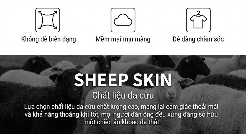 Áo Khoác Da Cổ Bẻ Nam Da Cừu Mỏng Màu Xám, Đen chi tiết 5