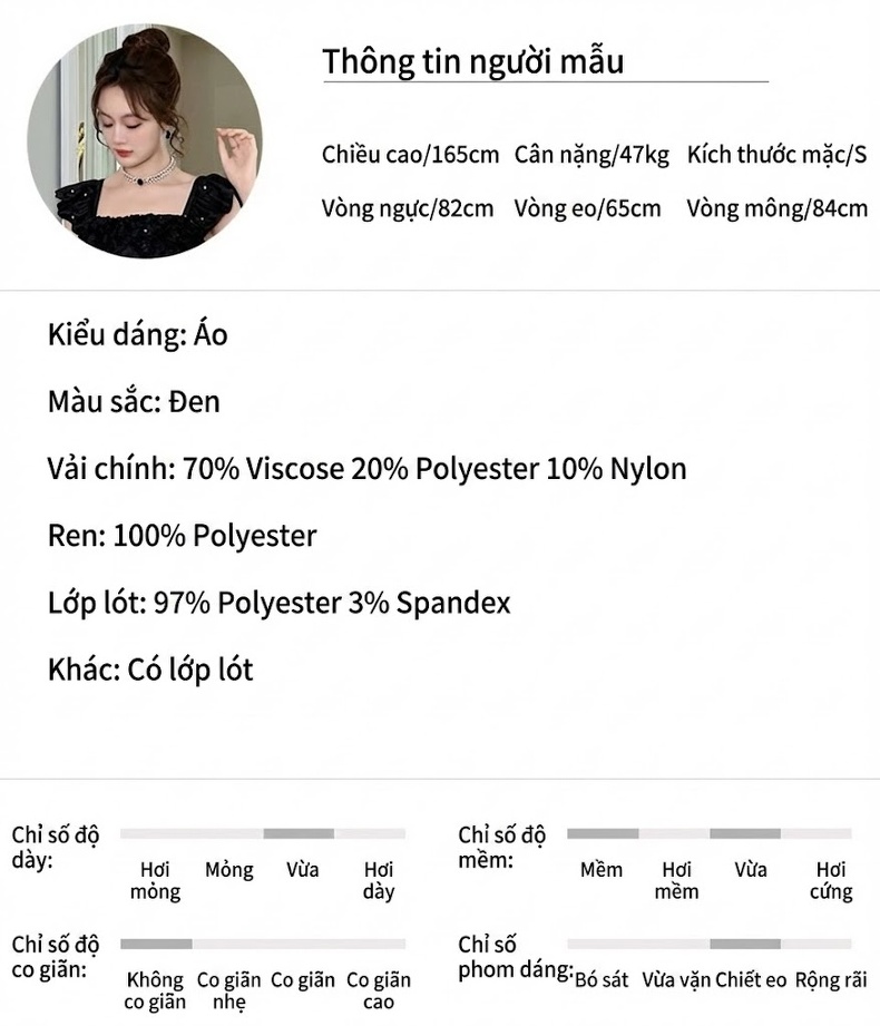 Áo Kiểu Nữ Thiết Kế Dáng Ôm Tay Bồng Đính Kim Sa Màu Đen chi tiết 2