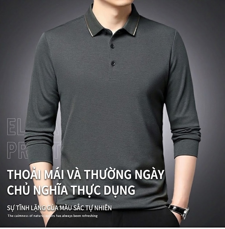 Áo Polo Nam Dài Tay Thương Mại Dệt Kim Cổ Bẻ Màu Đỏ Rượu, Xám, Xanh Đen, Đen... chi tiết 1