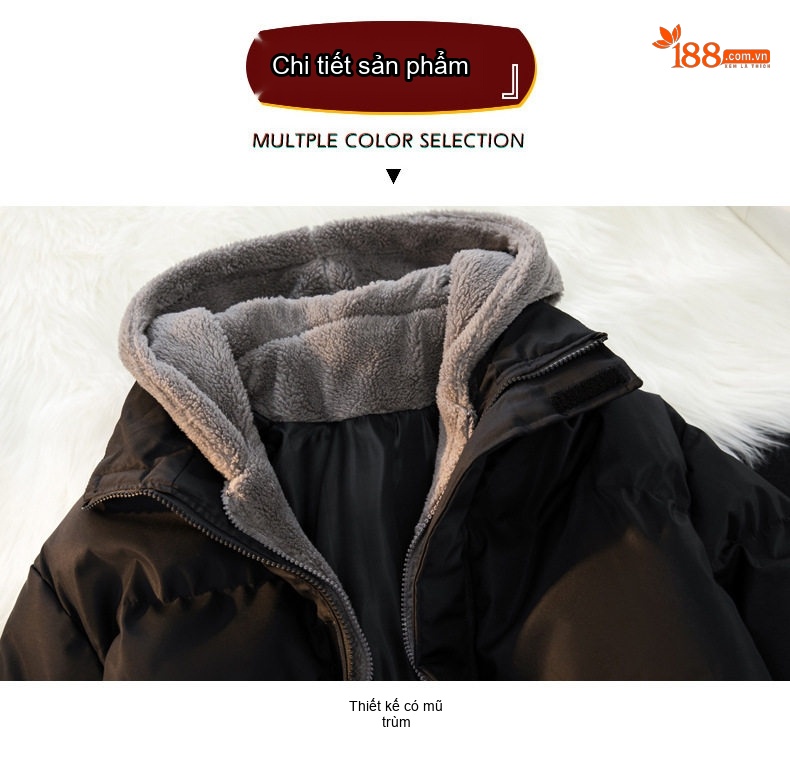 Áo Khoác Cotton Nam Dáng Rộng Giả Hai Lớp Lông Cừu Non Có Mũ Trùm Đầu Màu Kem, Đen chi tiết 20