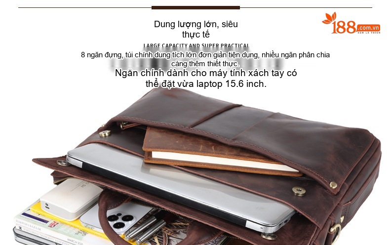 Cặp Công Sở Nam Da Bò Vân Retro Đựng Laptop Túi Xách Tay Đeo Chéo Màu Nâu Sẫm chi tiết 6