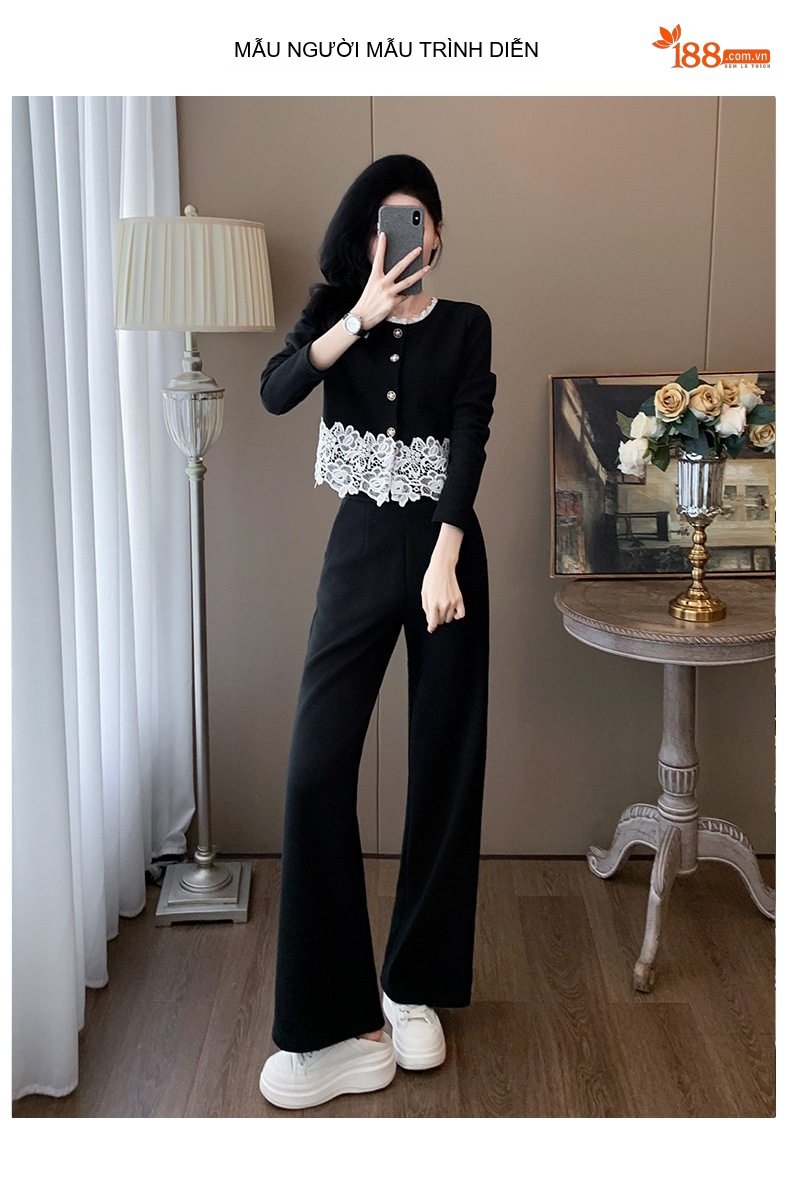 Set Bộ Quần Áo Dài Tay Thu Đông Phong Cách Tiểu Thư Thanh Lịch Màu Đen chi tiết 7