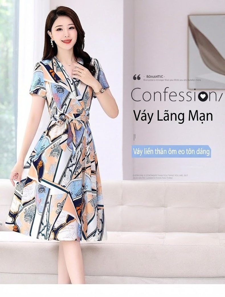 Váy liền thân Nữ Thiết Kế Pháp Eo Cao Tay Ngắn Họa Tiết chi tiết 1