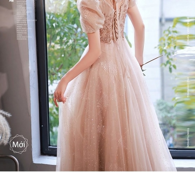 Váy Dạ Hội Dáng Dài Tay Bồng Sang Trọng Màu Champagne chi tiết 2