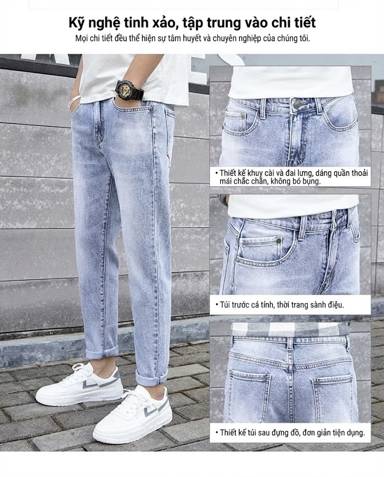 Quần Jean Nam Dáng Slim Fit Ống Lửng Phong Cách Casual Màu Xanh chi tiết 29