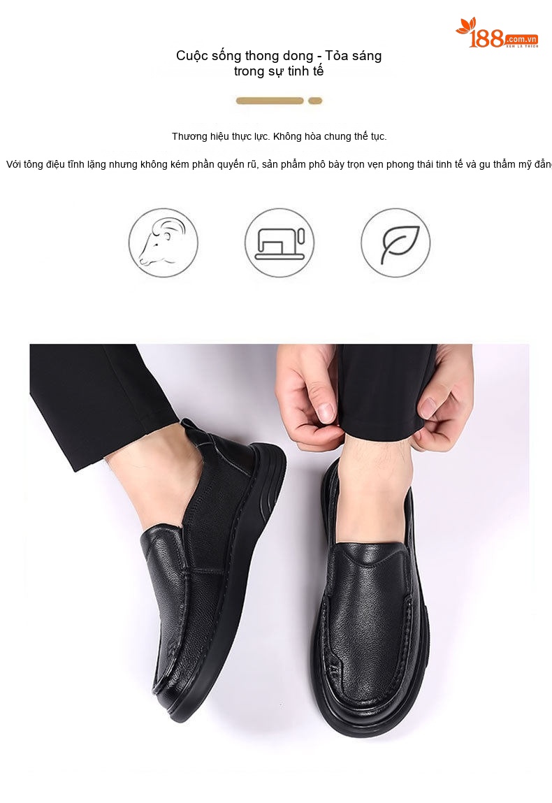 Giày Lười Nam Da Bò Đầu Tròn Chống Trượt Chiều Cao Đế Khoảng 3cm Màu Đen chi tiết 3