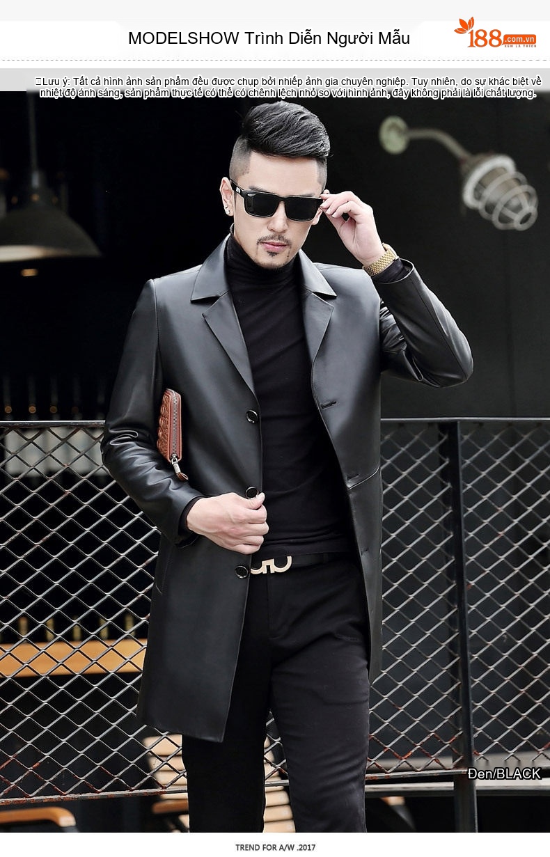 Áo Khoác Da Thật Nam Dáng Dài Haining Da Cừu Phong Cách Blazer Màu Đen chi tiết 6