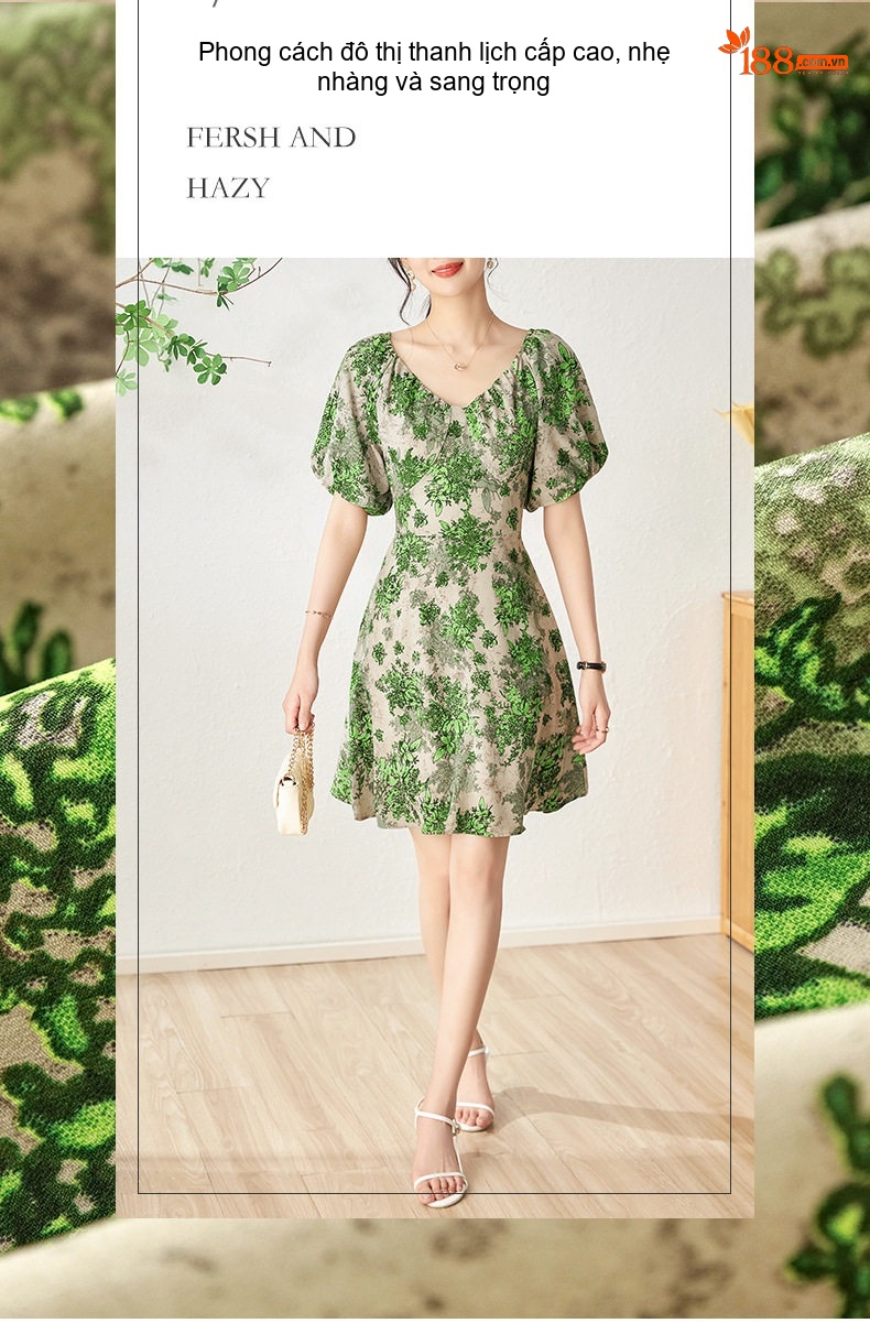 Váy Ngắn Nữ Cổ chữ V Thắt Dây Lưng Sau Tay Bồng Họa Tiết Hoa Lá Xanh chi tiết 2