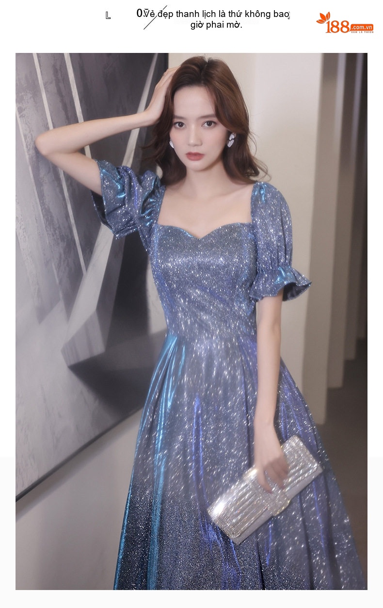 Váy Dạ Hội Dáng Dài Nữ Kiểu Pháp Phong Cách Ngôi Sao Lấp Lánh Dự Tiệc Màu Xanh Dương chi tiết 14