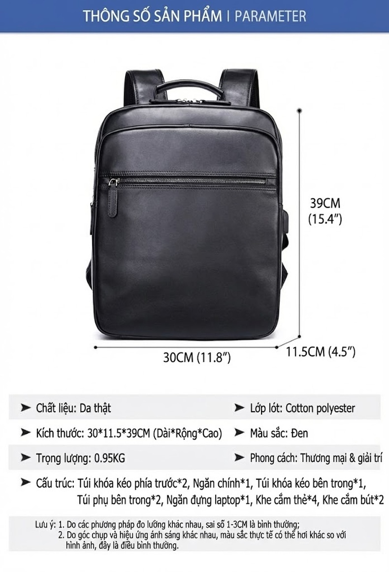 Balo Da Thật Công Sở Nam Da Bò Sức Chứa Lớn Màu Đen chi tiết 35