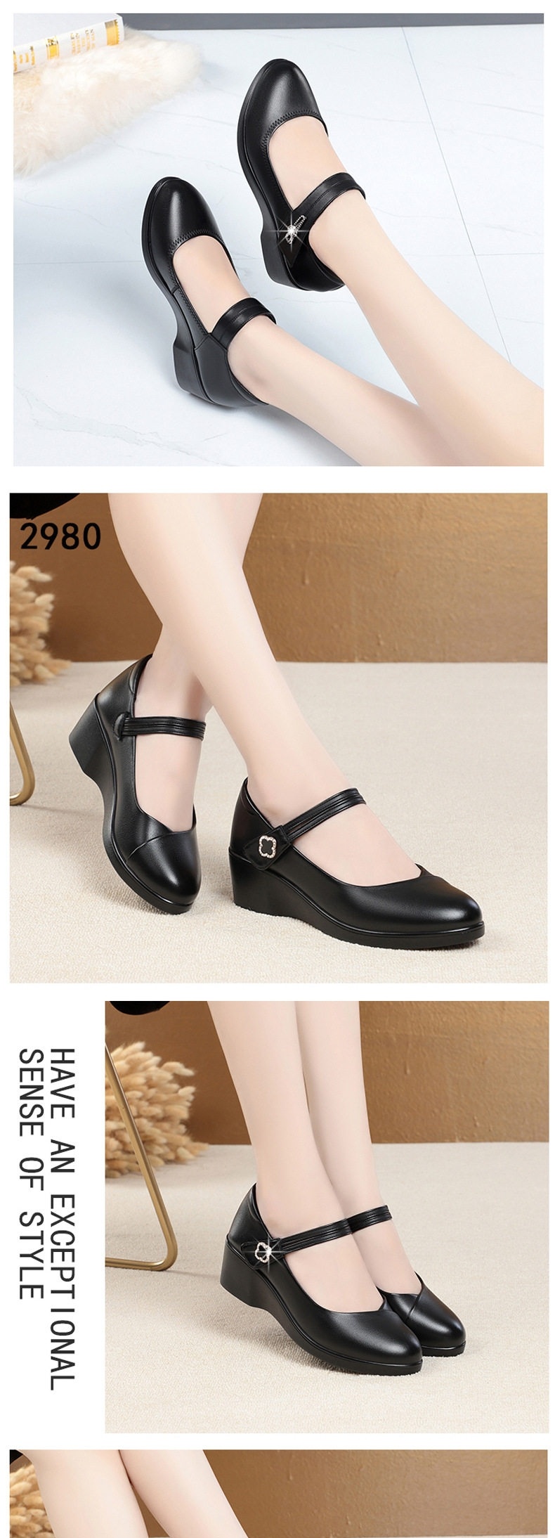 Giày Búp Bê Nữ Da Thật Đế Xuồng Chiều Cao Đế Khoảng 4cm Quai Dán Màu Đen chi tiết 4