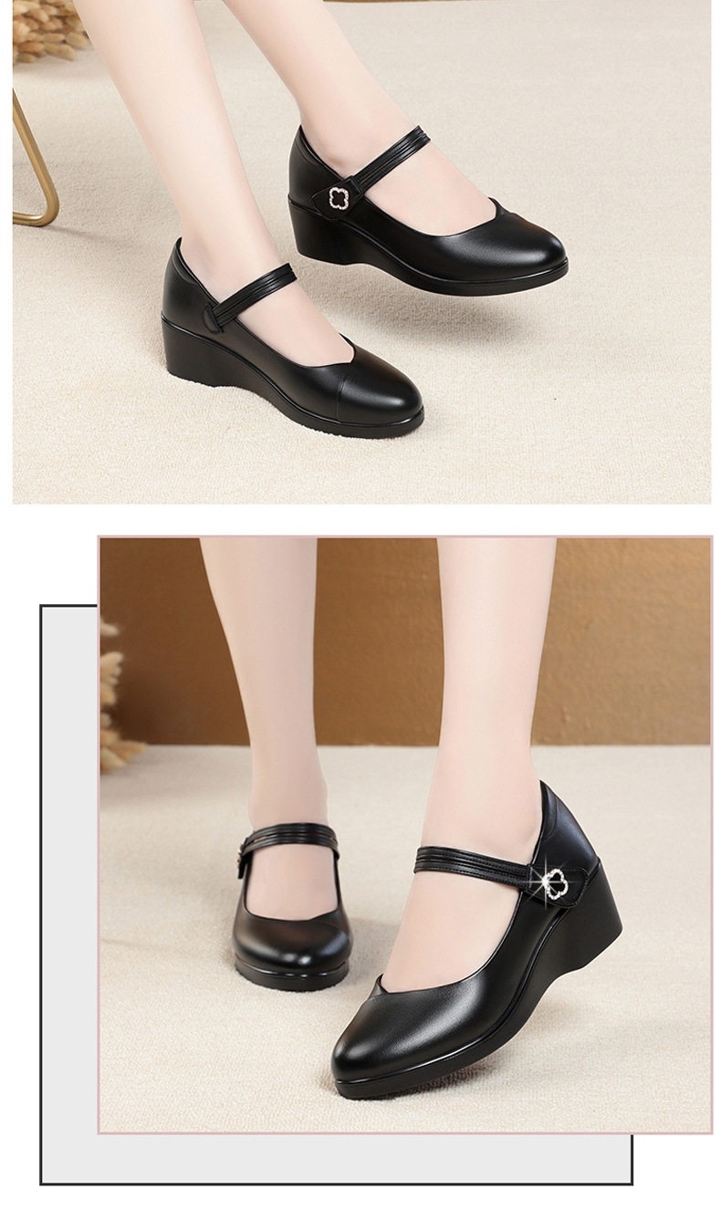 Giày Búp Bê Nữ Da Thật Đế Xuồng Chiều Cao Đế Khoảng 4cm Quai Dán Màu Đen chi tiết 5