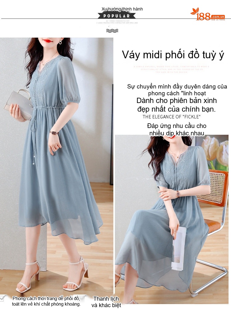 Váy Lụa Tằm Tơ Nữ Dáng Dài Thắt Eo Thanh Lịch Màu Trắng, Đen, Xanh chi tiết 2