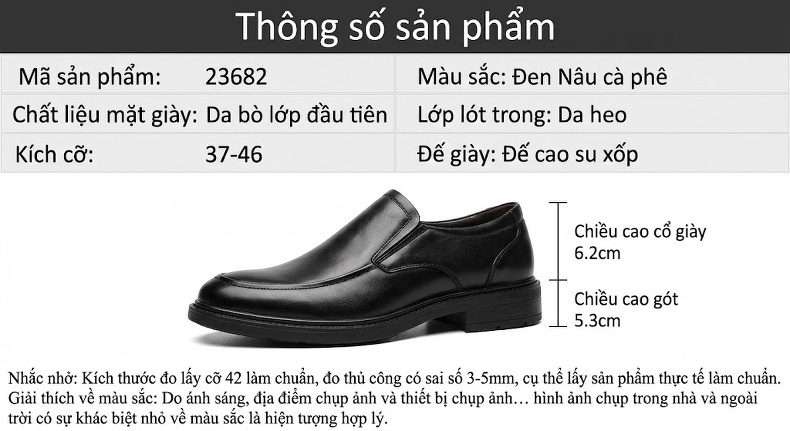 Giày Lười Nam Da Bóng Đế Dày Chiều Cao Đế Khoảng 5cm Màu Đen, Nâu chi tiết 2