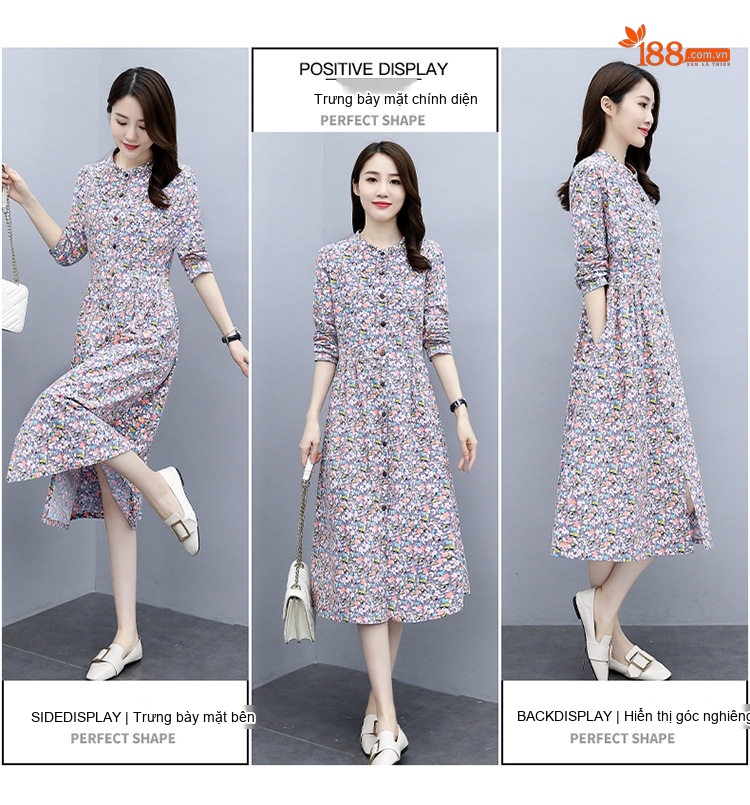 Váy Dài Tay Nữ In Hoa Cổ Tròn Dáng Ôm Phong Cách Hàn Quốc chi tiết 1