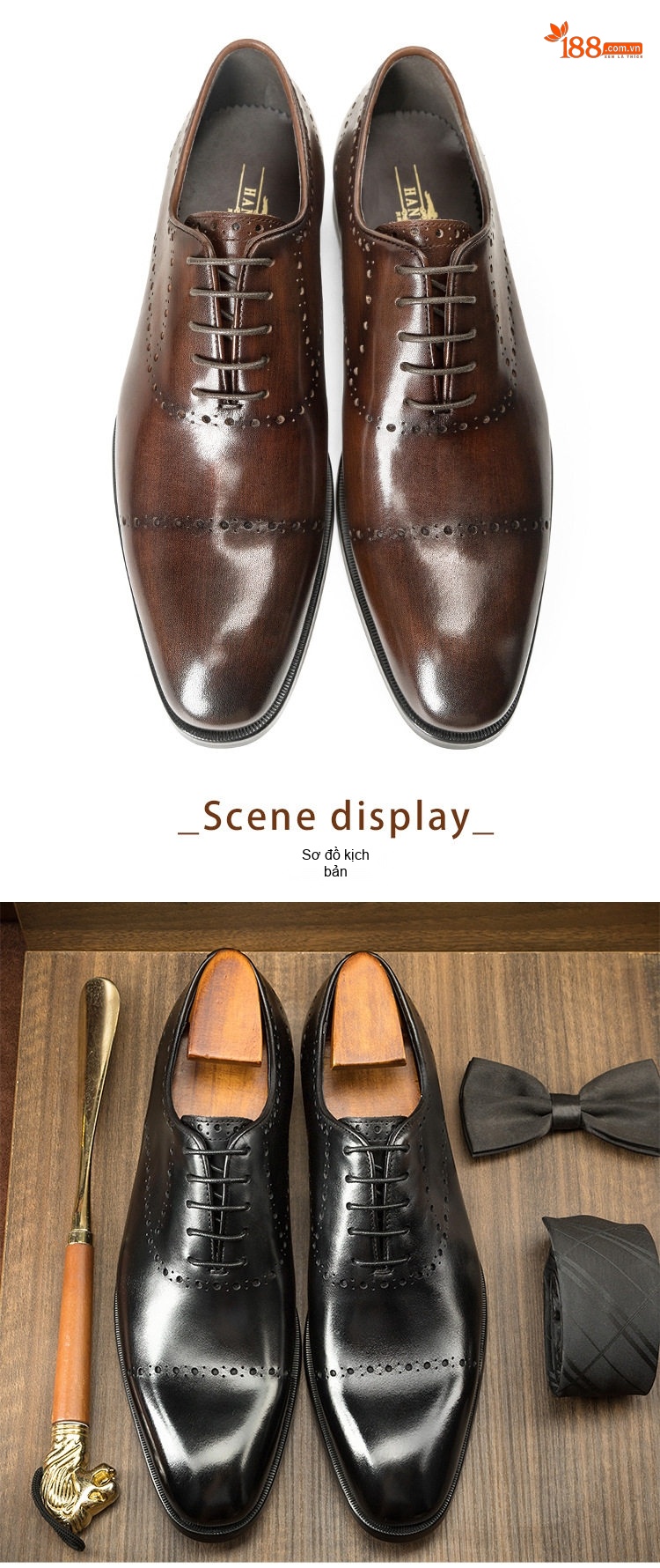Giày Tây Buộc Dây Nam Da Bò Brogue Oxford Chiều Cao Đế Khoảng 3cm Màu Đen, Nâu chi tiết 6