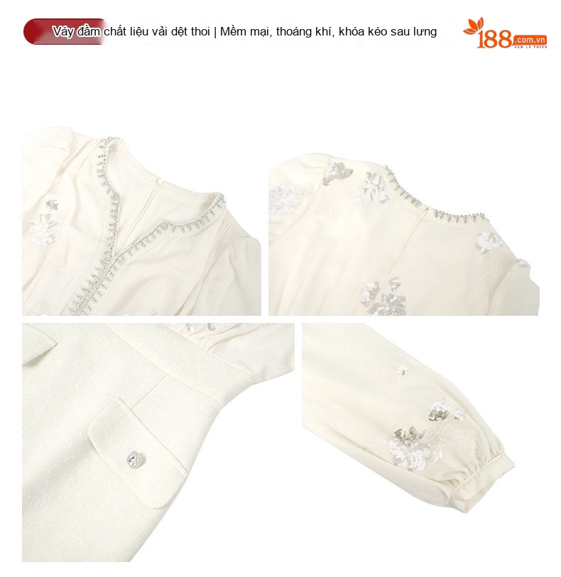 Đầm Ôm Body Nữ V-Neck Tay Dài Thiết Kế Giả Hai Mảnh Đính Đá Phong Cách Quý Cô Màu Kem chi tiết 4