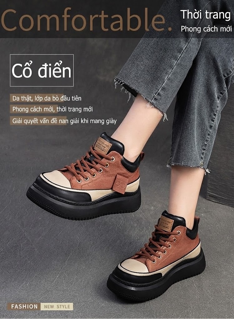 Giày Cao Cổ Nữ Da Bò Đế Bánh Mì Chiều Cao Đế Khoảng 5cm Màu Nâu, Đen, Kem chi tiết 1