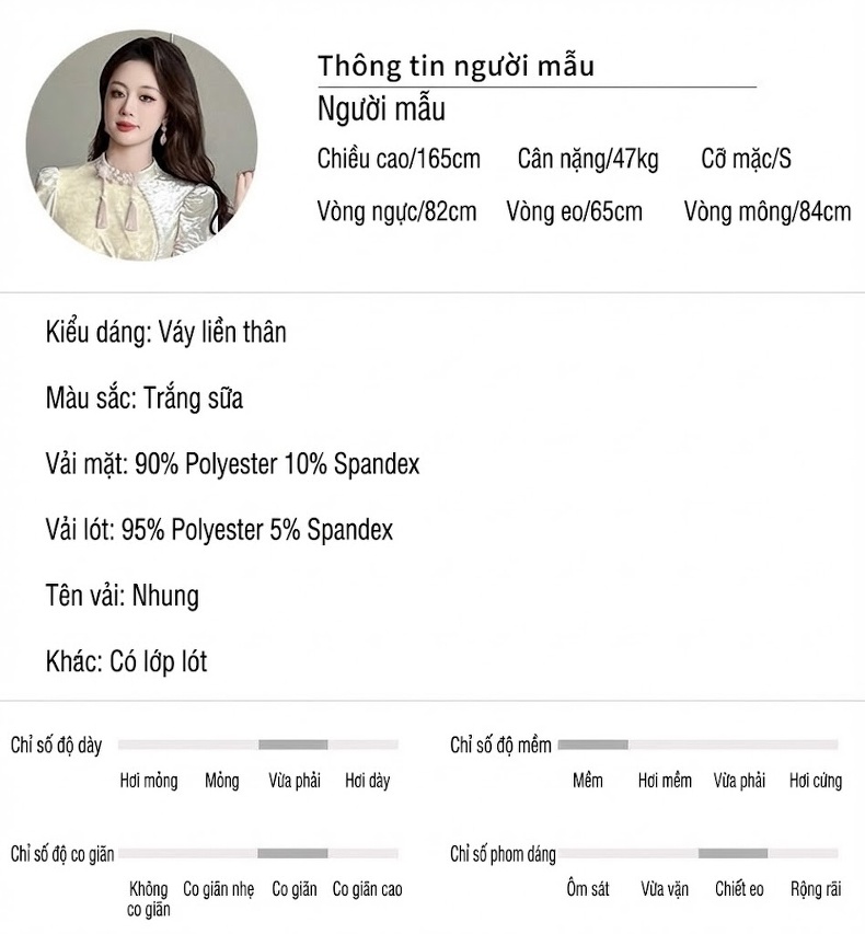 Váy Suông Nữ Trung Hoa Cách Tân Tay Dài Nhung Tăm Dáng Ôm Màu Trắng chi tiết 2