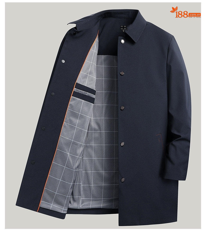 Áo Khoác Gió Nam Dáng Dài Vừa Cổ Bẻ Phong Cách Công Sở Màu Xanh Navy, Kem chi tiết 10