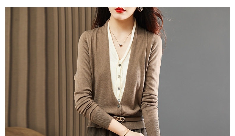 Set Áo Cardigan Dệt Kim và Chân Váy Midi Xòe Phong Cách Thời Trang Thu Đông Màu Nâu, Kem chi tiết 16