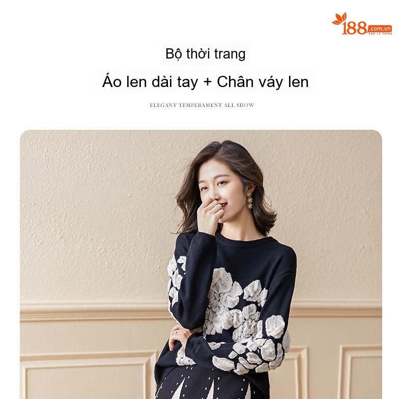 Set Áo Len Nữ Dệt Kim và Chân Váy Midi Họa Tiết Thời Trang Thu Đông Màu Đen chi tiết 2