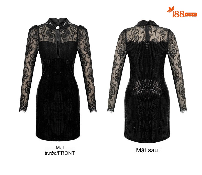 Váy Dự Tiệc Nữ Ren Tay Dài Ôm Body Đính Kim Sa Màu Đen chi tiết 6