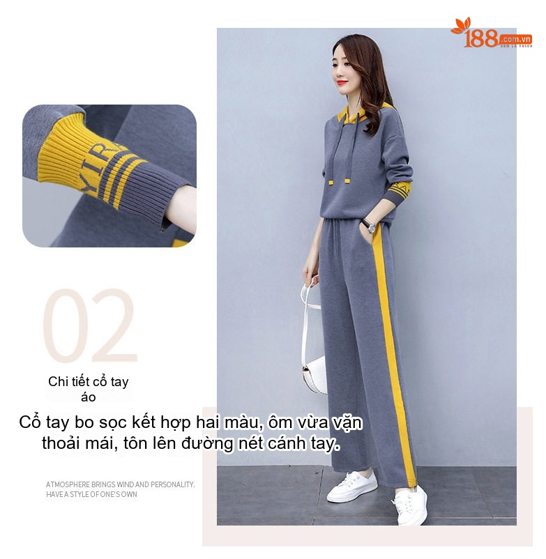 Bộ đồ thể thao nữ dệt kim áo hoodie quần ống rộng phong cách thời trang chi tiết 7