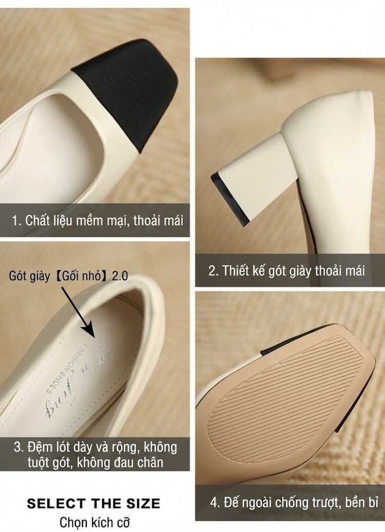 Giày Búp Bê Nữ Mũi Vuông Da Bóng Chiều Cao Đế Khoảng 4cm Màu Be, Đen chi tiết 3