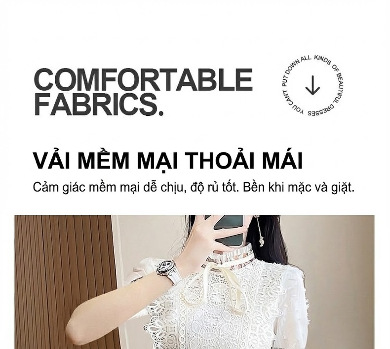 Váy liền thân Nữ Ren Pháp Tay Ngắn Dáng Ôm Body Họa Tiết Hoa Nhỏ chi tiết 8