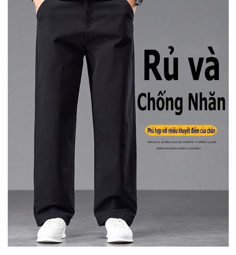 Quần Dài Nam Cotton Ống Suông Rộng Thoải Mái Lưng Cao Màu Đen, Xám, Be chi tiết 8