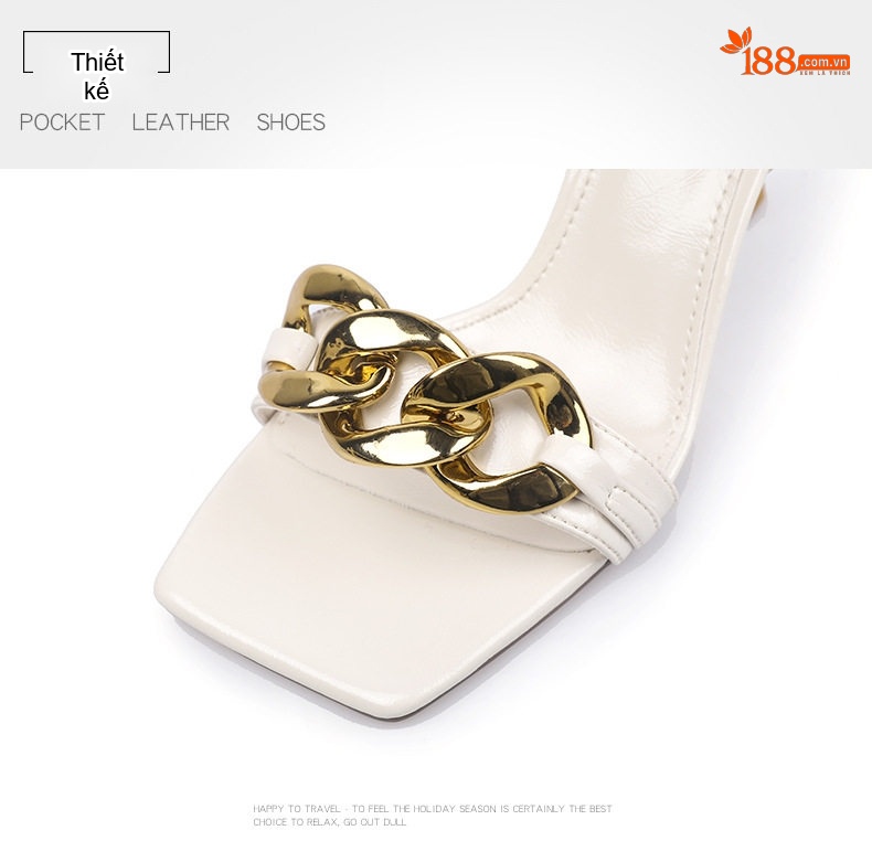 Giày Sandal Cao Gót Nữ Quai Ngang Mũi Vuông Đính Xích Gót Cao 8cm Màu Trắng, Kem, Đen chi tiết 3