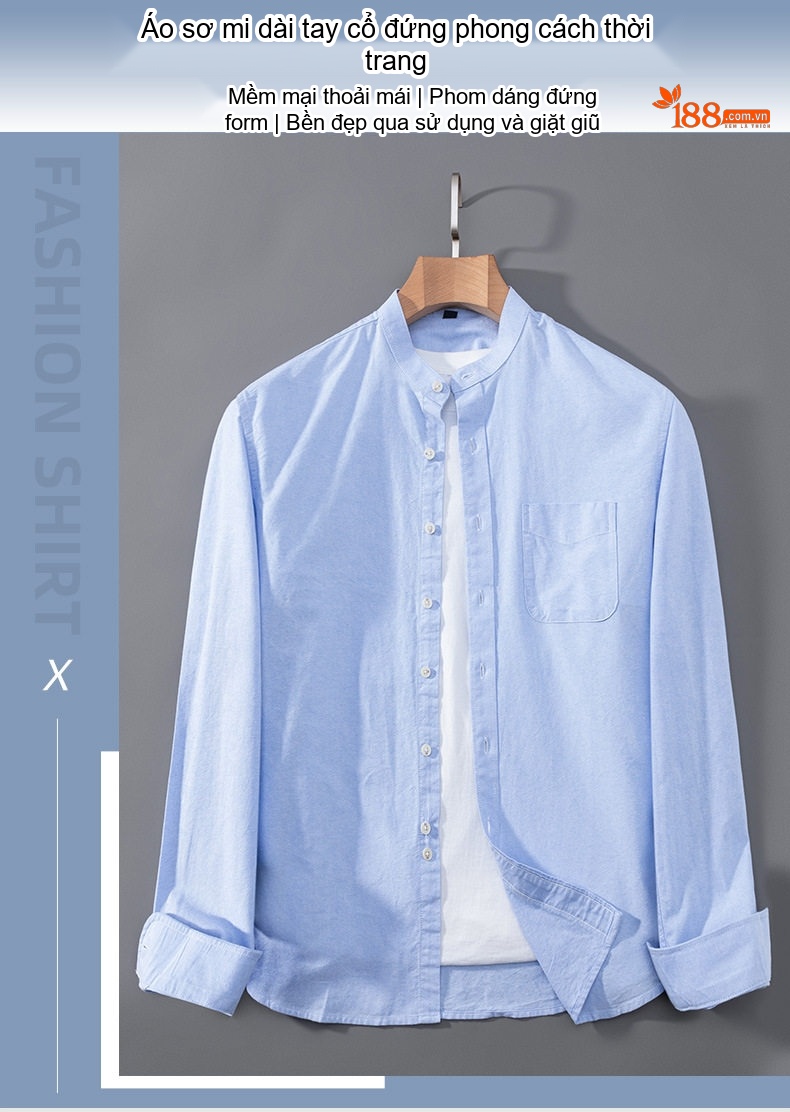 Áo Sơ Mi Nam Tay Dài Cổ Trụ Oxford Cotton Dáng Ôm Màu Vàng, Xanh Lam, Xanh Dương, Xám... chi tiết 1