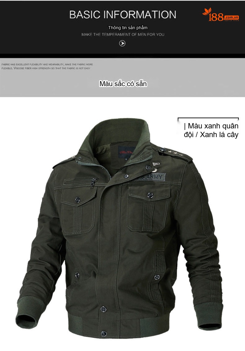 Áo Khoác Bomber Nam Cotton Giặt Nước Phong Cách Quân Đội Cổ Điển Màu Nâu, Xanh Rêu, Đen chi tiết 7