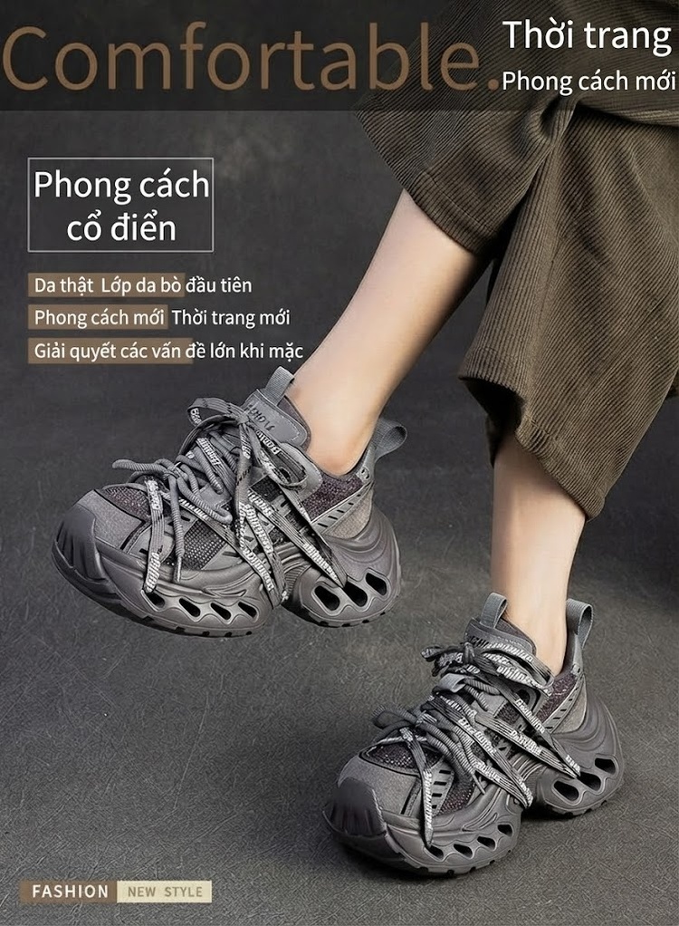 Giày Sneaker Nữ Đế Xuồng Dây Buộc Phong Cách Retro Chiều Cao Đế Khoảng 5cm Màu Đen, Xám, Nâu chi tiết 1