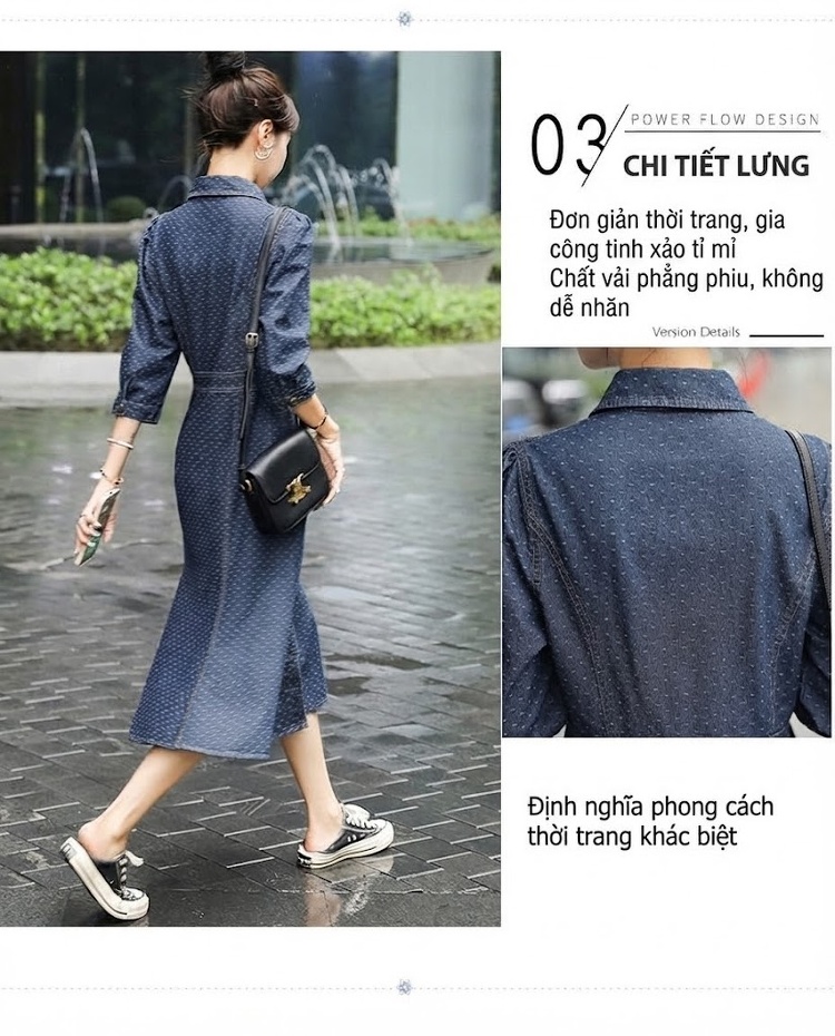 Váy Dài Nữ Tay Lỡ Cổ Bẻ Họa Tiết Chấm Bi Phong Cách Âu Mỹ Thanh Lịch chi tiết 8